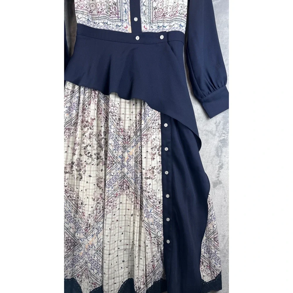 NNA ENJOY Maxi Dress Small Boho Modest Navy Mixed Print Asymmetrical Peplum - Picture 6 of 11